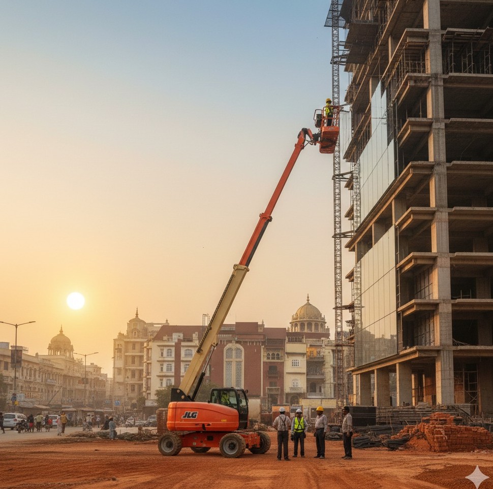 Boom lift at construction site